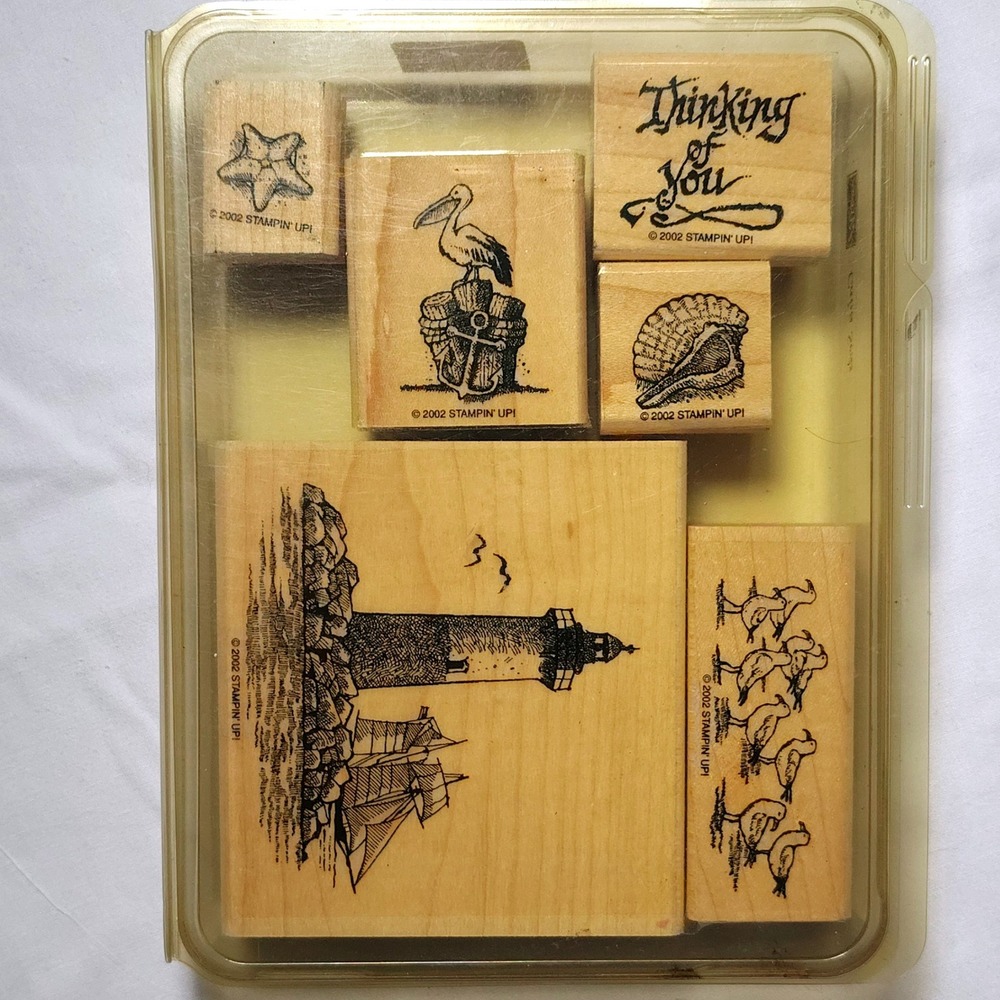 Vintage Stampin Up Calm Seas Wood Mount Stamps Set of 6 Lighthouse Sailboat 2002